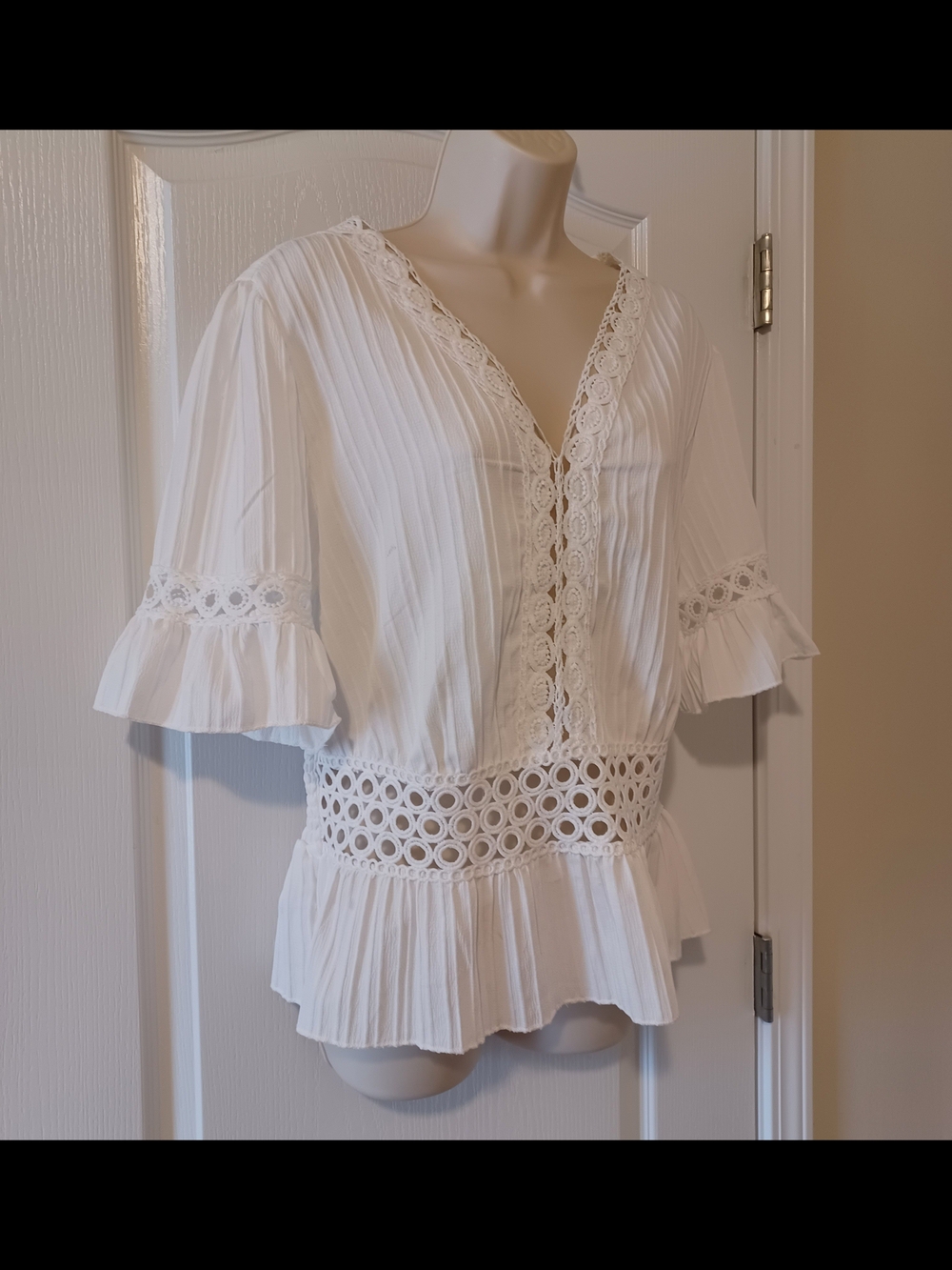White Lace-Trim V-Neck Peplum Blouse